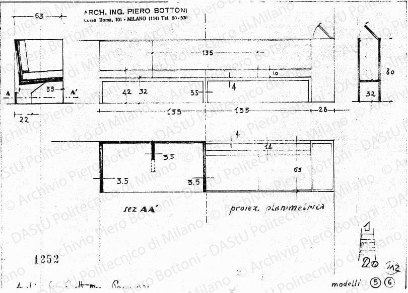 Divano modelli 5-6, viste e sezioni, scala 1:20, prot. 1252, 1931. Matita su lucido, firmato da P. Bottoni, cm 18,5x26,0. 