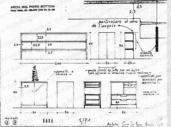 Mobili modelli 2-3, viste, sezioni e particolare, scala 1:1, 1:20, prot. 1414, 1931. Matita su lucido, firmato da P. Bottoni, cm 19,4x25,4.