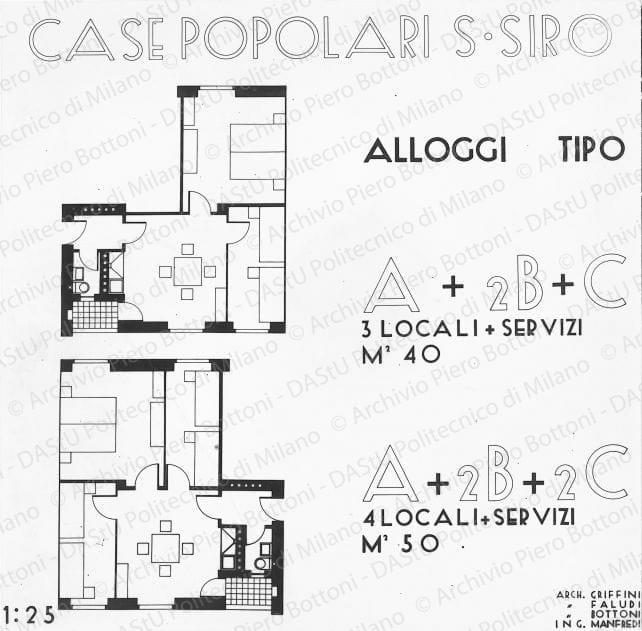 Riproduzione di tavola con la planimetria di "Alloggi tipo A+2B+C, A+2B+2C". Positivo, bianco e nero, 160x163 mm, album giallo n. 7, pag. 6.
