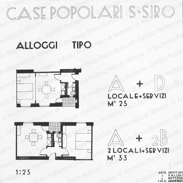 Riproduzione di tavola con la planimetria di "Alloggi tipo A+D, A+2B". Positivo, bianco e nero, 162x161 mm, album giallo n. 7, pag. 9.