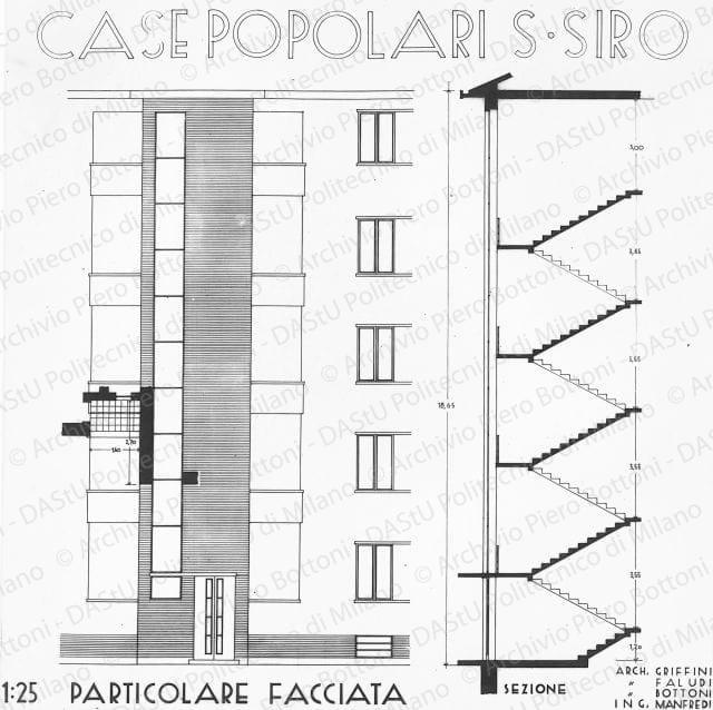 Riproduzione di tavola di "Particolare facciata" con prospetto e sezione. Positivo, bianco e nero, 162x162mm, album giallo n. 7, pag. 13.