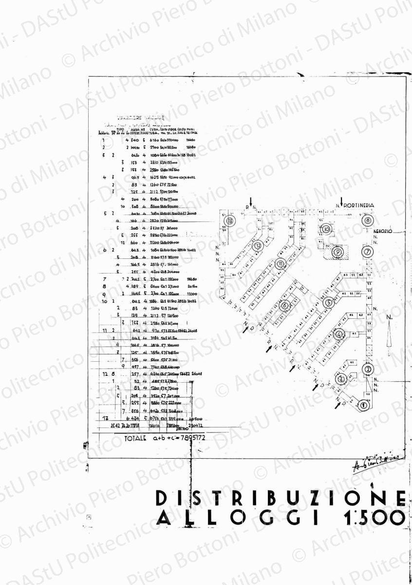 Distribuzione alloggi, planimetria e tabella riassunto preventivo spese, scala 1:500, s.d. Matita e china nera e rossa su eliografia su carta, firmata da P. Bottoni, cm 92,3 x 66,5.