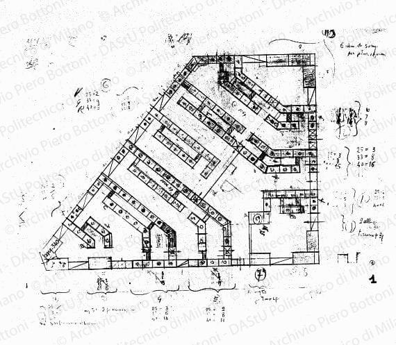 Studio planimetrico, scala 1:500, s.d. Matita e matite colorate su lucido, cm 42,8x54,2.