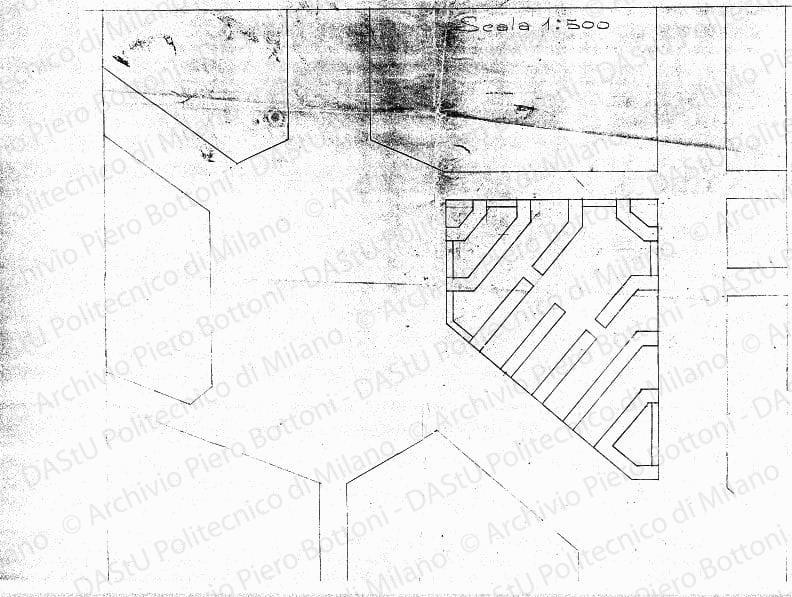 Planimetria, scala 1:500, s.d. Matita su lucido, cm 87,0x103,0. 