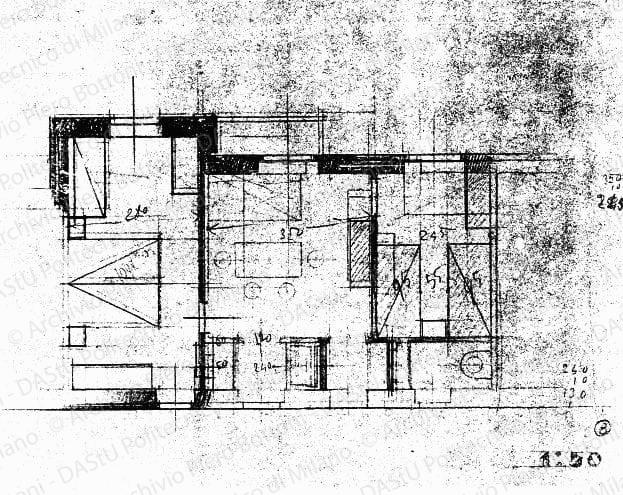 Studio di modifica su: Pianta di alloggio, scala 1:50, s.d. Matita su eliografia su carta, cm 20,8x32,0. Sul verso: schizzi a matita. 