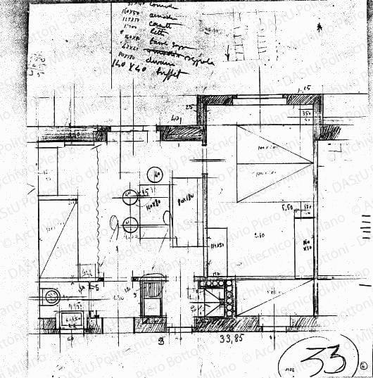 Studio di alloggio, pianta, scala 1:25, s.d. Matita e matita rossa su lucido, cm 39,4x36,0.