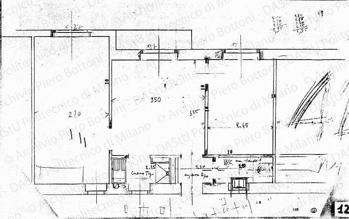 Studio di alloggio, pianta, scala 1:25, s.d. Matita e matita rossa su lucido, cm 32,5x51,9.
