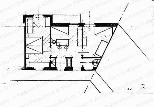 Pianta di alloggio, scala 1:100, s.d. Matita su lucido, cm 10,7x17,5. 
