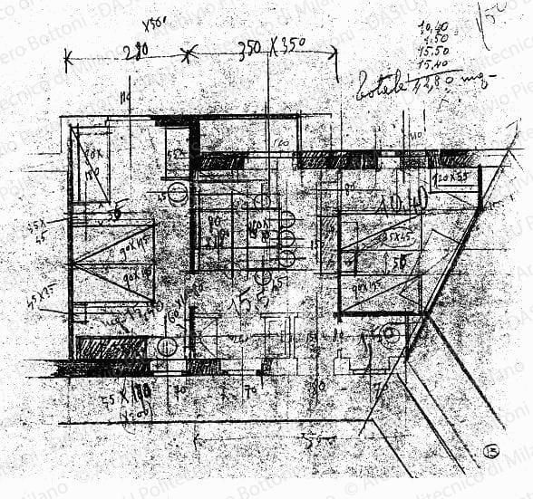 Studio di modifica su: Pianta di alloggio, scala 1:50, s.d. Matita e matita marrone su eliografia su carta, cm 23,0x25,9. 