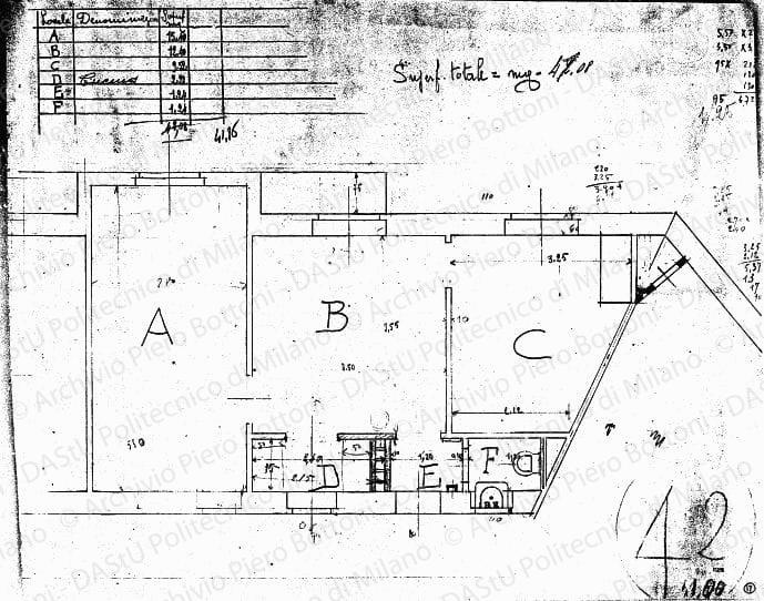 Pianta di alloggio, scala 1:25, s.d. Matita e matita rossa su carta, cm 43,0x54,0. 
