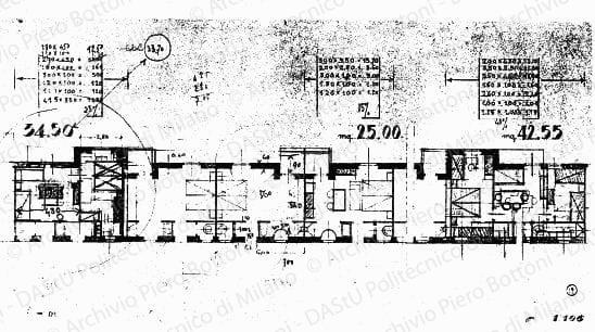 Studio di modifica su: Pianta di fabbricato in linea, scala 1:100, s.d. Matita su eliografia su carta, cm 20,5x40,5. 