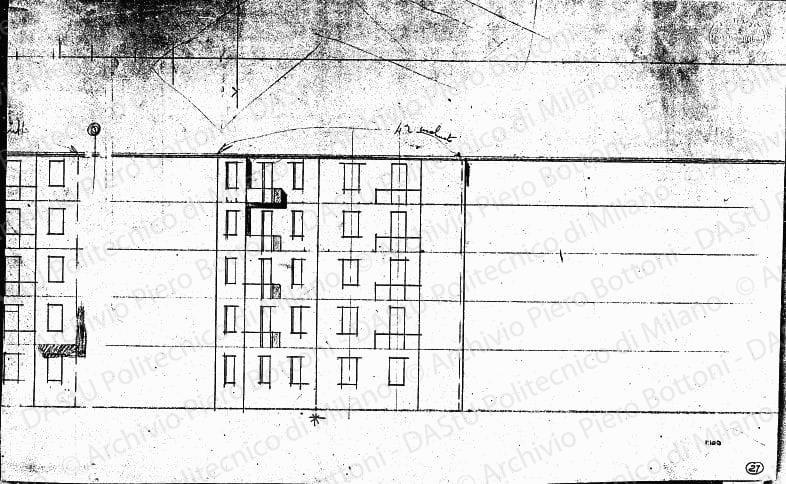 Studio di prospetto, scala 1:100, s.d. Matita su carta, cm 35,4x57,5. Sul verso: pianta a matita. 
