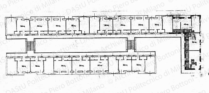 Pianta del fabbricato tipo, scala 1:100, s.d. Matita su lucido, cm 22,2x69,8. 