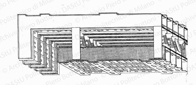 Assonometria del fabbricato tipo, scala 1:100, s.d. China su lucido, cm 53,0x90,3. 