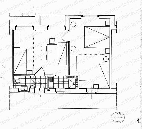 Pianta di alloggio tipo, scala 1:25, s.d. China su lucido, cm 40,2x43,8. 