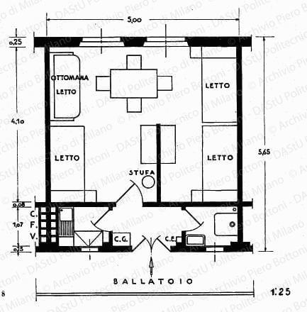 Pianta di alloggio tipo, scala 1:25, prot. 1748, s.d. China su lucido, cm 36,8x39,4. 