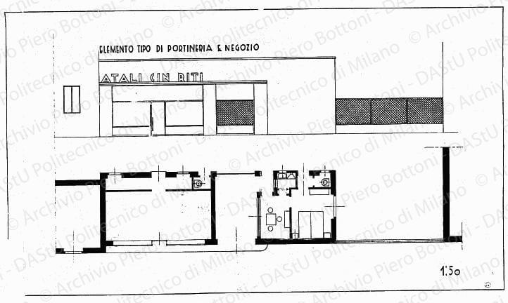 Elemento tipo di portineria e negozio, pianta e prospetto, scala 1:50, s.d. China su lucido, cm 41,8x73,3. Correzioni e annotazioni a matita. 