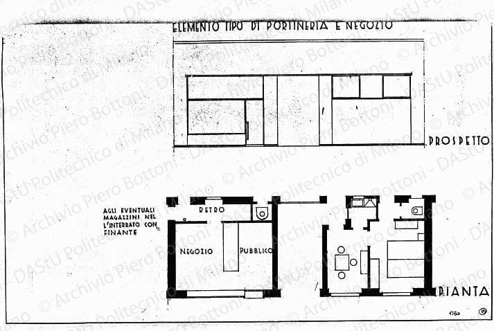 Elemento tipo di portineria e negozio, pianta e prospetto, scala 1:50, s.d. Eliografia su carta, cm 31,9x52,3. 