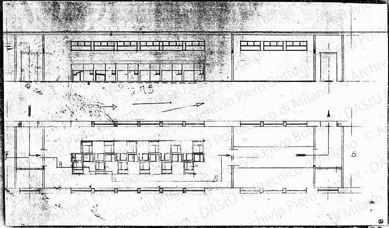 Lavanderia-stenditoio, pianta e sezione, scala 1:50, s.d. Matita su carta, cm 33,3x57,5.