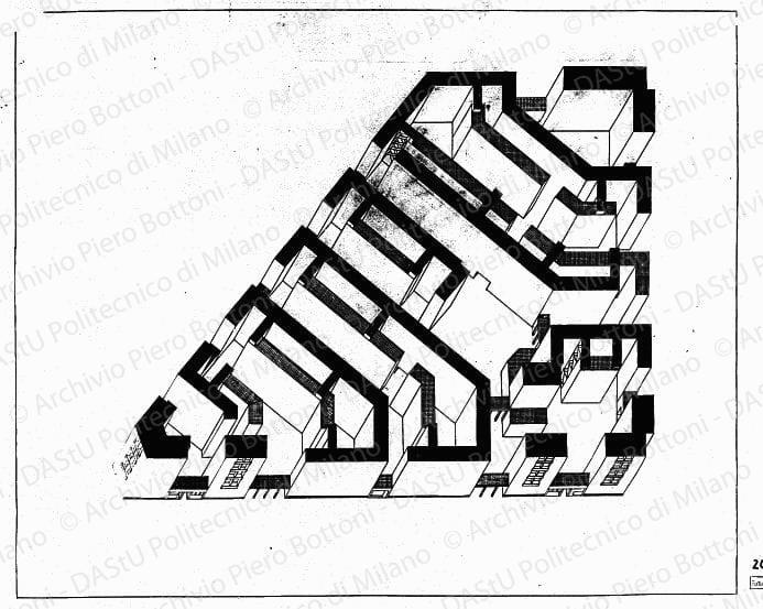 Dis. 2, assonometria del quartiere, scala 1:500, s.d. China su lucido, cm 96,9x99,0. 
