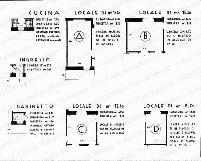 Dis. 4, dimensioni tipo dei locali, piante, scala 1:25, s.d. Eliografia su carta, cm 99,1x99,3.