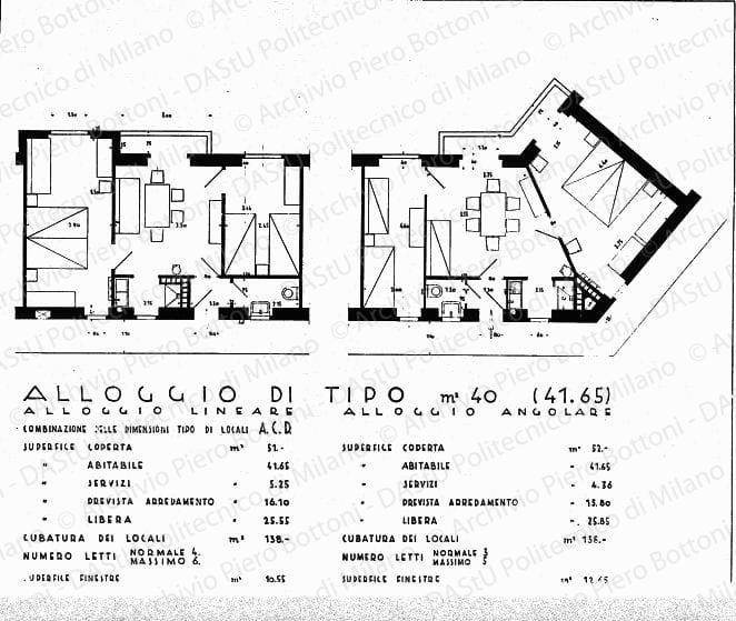 Dis. 6, alloggi tipo, piante, scala 1:25, s.d. Eliografia su carta, cm 103,0x99,1. 