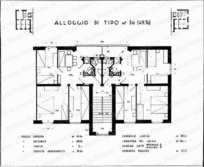 Dis. 7, alloggi tipo, piante, scala 1:25, s.d. Eliografia su carta, cm 97,8x97,6. 