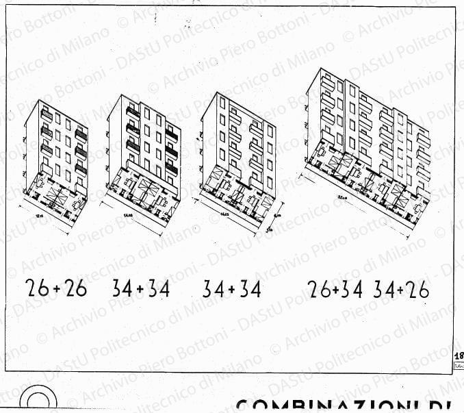 Dis. 8, combinazioni di alloggi tipo, piante e assonometrie, scala 1:100, s.d. China su lucido, cm 53,0x90,3. 