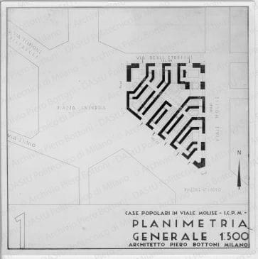 Riproduzione di "TAV. 1. Case popolari di Viale Molise -ICPM- Planimetria Generale 1:1500", positivo, bianco e nero, mm 121x121. 