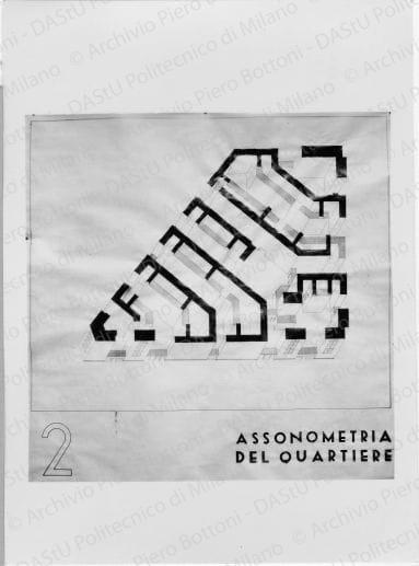 Riproduzione di "TAV. 2. Assonometria del quartiere", positivo, bianco e nero, mm 175x127. 