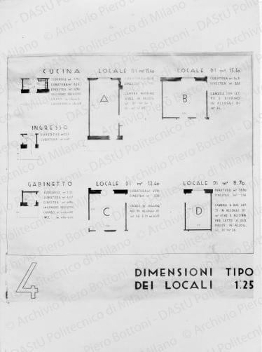 Riproduzione di "TAV. 4. Dimensioni tipo dei locali scala 1:25", positivo, bianco e nero, mm 172x125.