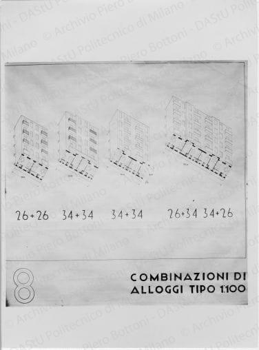 Riproduzione di "TAV. 8. Combinazioni di alloggi 1:100", positivo, bianco e nero, mm 172x126. 