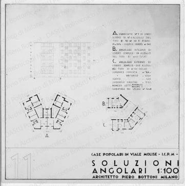 Riproduzione di "TAV. 11. Case popolari in viale Molise -ICPM- Soluzioni angolari 1:100", positivo, bianco e nero, mm 122x121. 