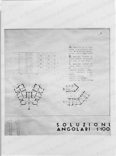 Riproduzione di "TAV. 11. Soluzioni angolari 1:100", positivo, bianco e nero, mm 173x126. 