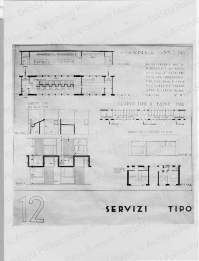 Riproduzione di "TAV. 12. Servizi tipo", positivo, bianco e nero, mm 173x128. 