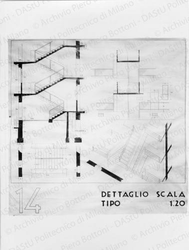Riproduzione di "TAV. 14. Dettaglio scala tipo", positivo, bianco e nero, mm 172x128. 