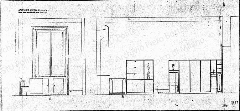 Arredamento soggiorno, prospetti, scala 1:20, prot. 1487, s.d. Matita su lucido, cm 26,1x55,8. 