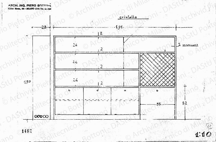Mobile, vista frontale e laterale, scala 1:10, prot. 1482, s.d. Matita su lucido, cm 22,2x33,2.