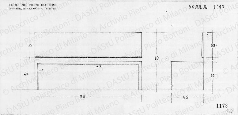 Divano, scala 1:10, prot. 1173, s.d. Matita su lucido, cm 15,9x33,2. 
