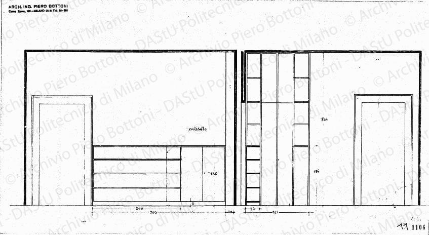 Mobili soggiorno, scala 1:20, prot. 1104, s.d. Matita su lucido, cm 27,6x49,0. 
