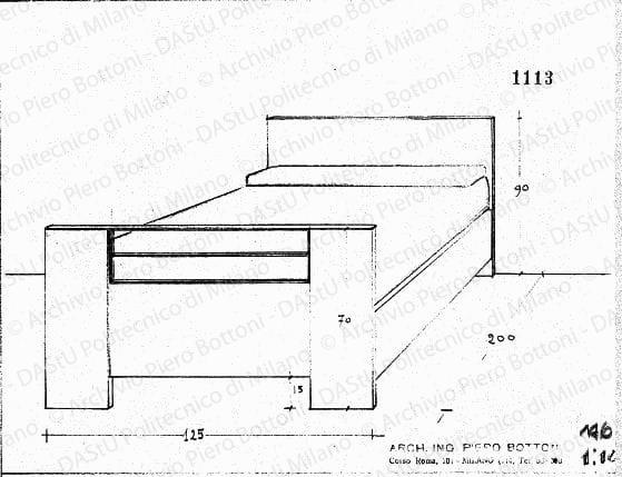 Letto, prospettiva, scala 1:10, prot. 1113, s.d. Matita su lucido, cm 18,6x24,2. 