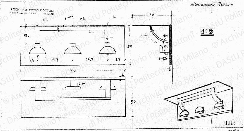 Attaccapanni Renzo, viste e sezione, scala 1:5, prot. 1116, s.d. Matita su lucido, cm 20,7x38,5. 