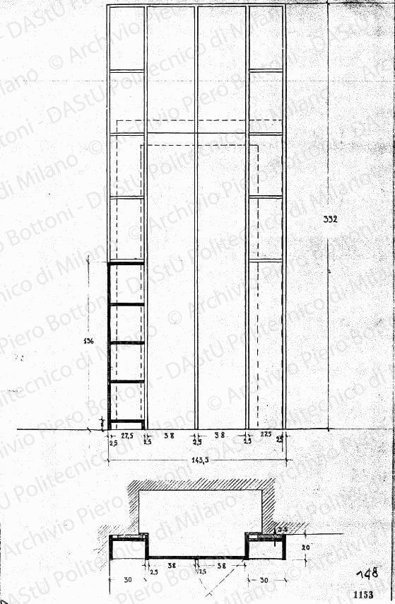 Armadio a muro, vista e sezioni, scala 1:10, prot. 1153, s.d. Matita su lucido, cm 56,3x31,8. 