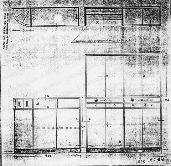 Mobili cucina, viste e sezioni, scala 1:10, prot. 1098, s.d. Matita su lucido, cm 30,5x31,0. 