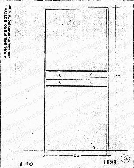 Mobile cucina, vista frontale, scala 1:10, prot. 1099, s.d. Matita su lucido, cm 21,0x16,8. 