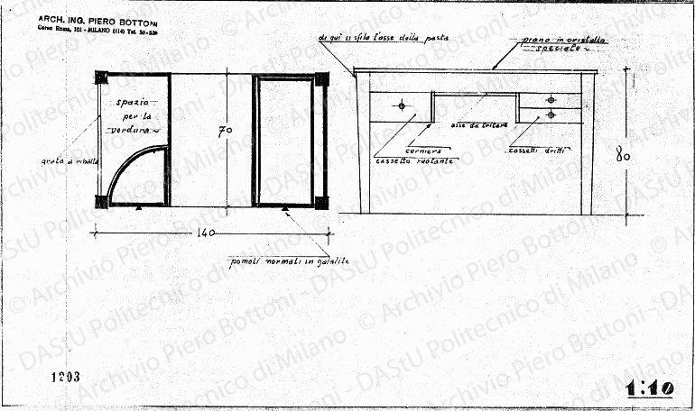 Tavolo cucina, vista e sezione, scala 1:10, prot. 1203, s.d. Matita su lucido, cm 22,6x39,2. 