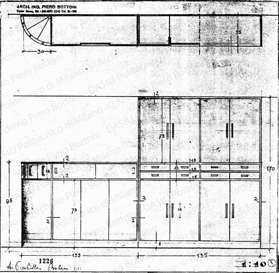 Mobile cucina, vista frontale e sezione, scala 1:10, prot. 1226, 1932. Matita su lucido, firmato da P. Bottoni, cm 30,5x31,0.