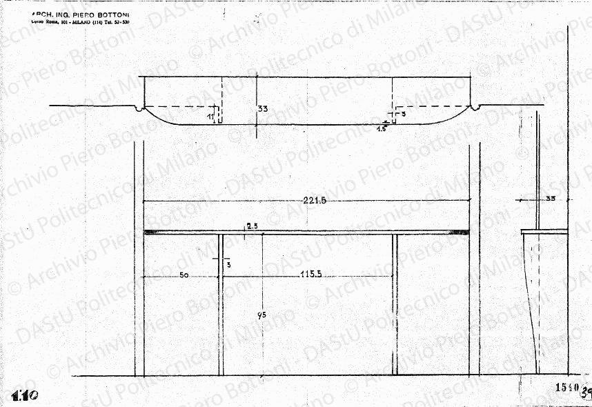 Mobile sottofinestra sala da pranzo, pianta, vista frontale e laterale, scala 1:10, prot. 1540, s.d. Matita su lucido, cm 27,5x41,2. 