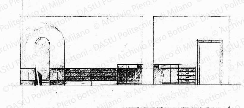 Mobili della camera da letto, viste frontali, scala 1:20, prot. 1616, s.d. Matita e matita viola su lucido, cm 26,2x67,7. 
