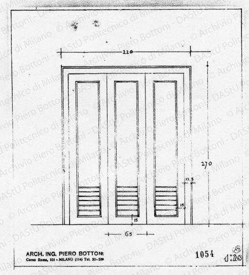 Porta a vetri, scala 1:20, prot. 1054, s.d. Matita su lucido, cm 22,3x19,9.